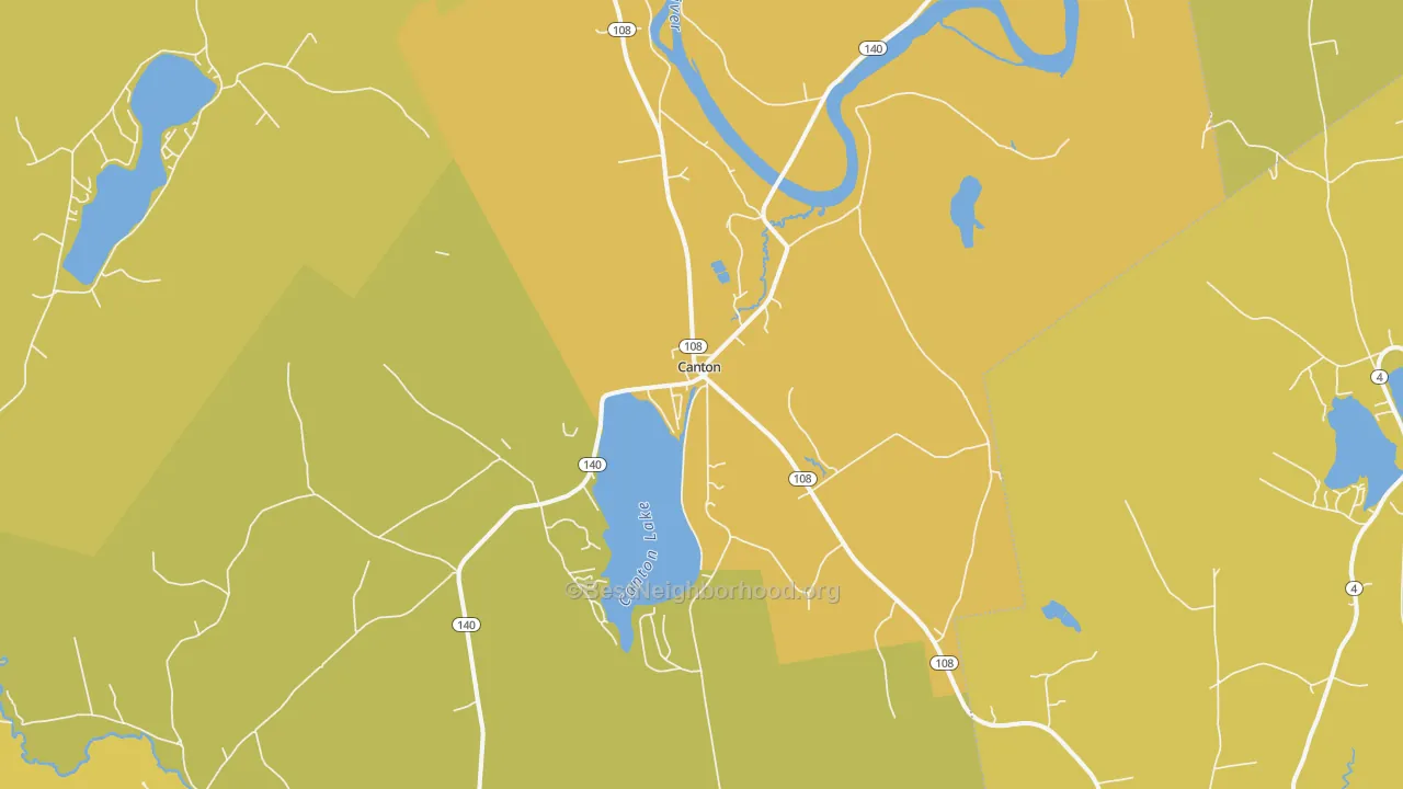 Map of the best neighborhoods in the Canton area, with better matches in green and worse matches in red