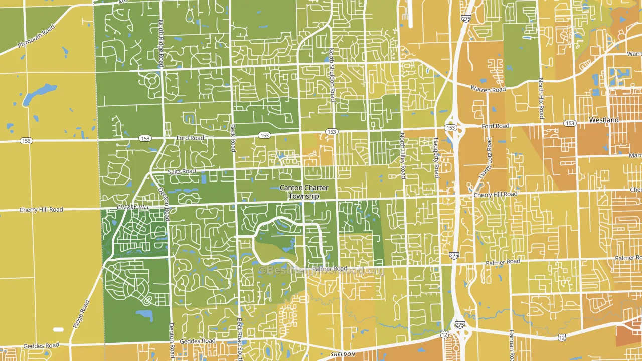 Map of the best neighborhoods in the Canton area, with better matches in green and worse matches in red