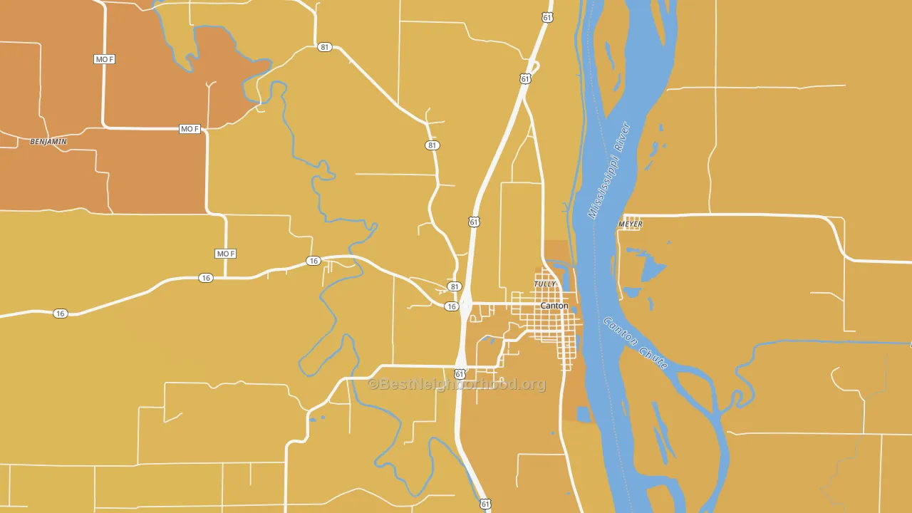 Map of the best neighborhoods in the Canton area, with better matches in green and worse matches in red