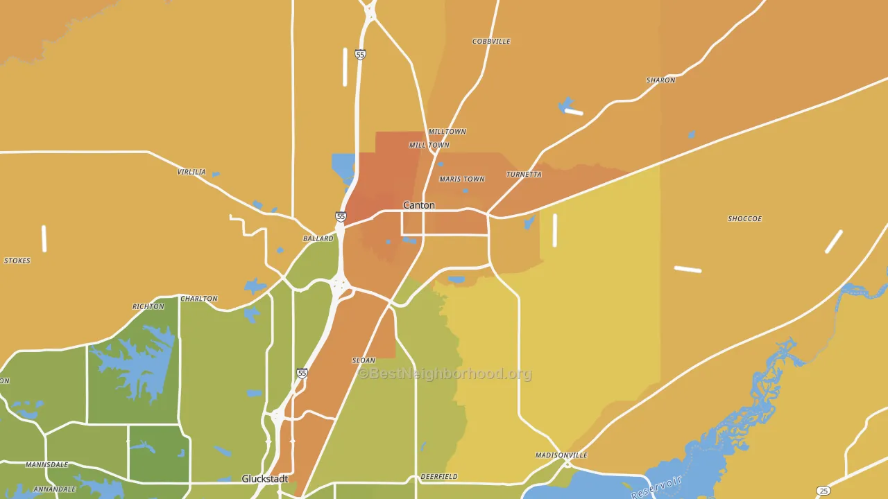 Map of the best neighborhoods in the Canton area, with better matches in green and worse matches in red