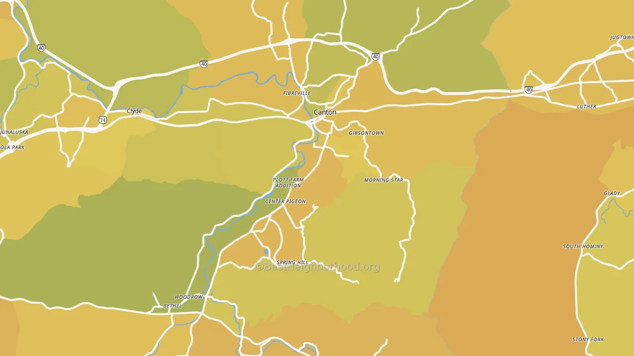 Map of the best neighborhoods in the Canton area, with better matches in green and worse matches in red