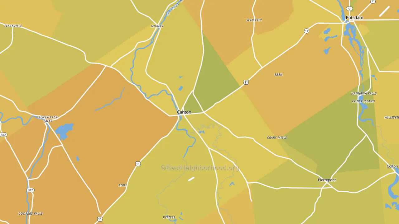 Map of the best neighborhoods in the Canton area, with better matches in green and worse matches in red
