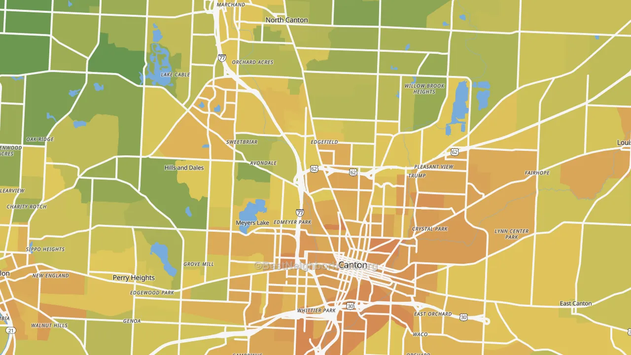 Map of the best neighborhoods in the Canton Metro area, with better matches in green and worse matches in red
