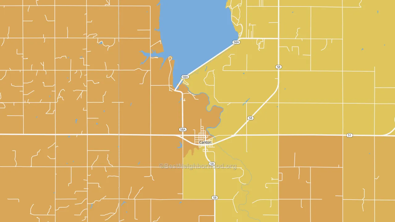 Map of the best neighborhoods in the Canton area, with better matches in green and worse matches in red