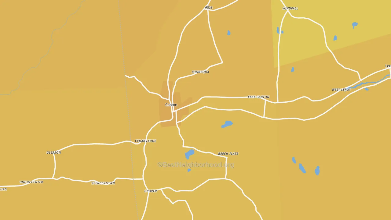 Map of the best neighborhoods in the Canton area, with better matches in green and worse matches in red