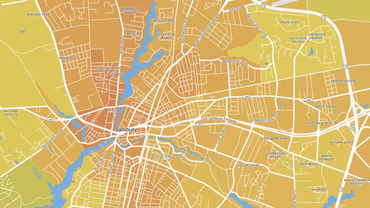 Map of the best neighborhoods in the Canton, Salisbury area, with better matches in green and worse matches in red