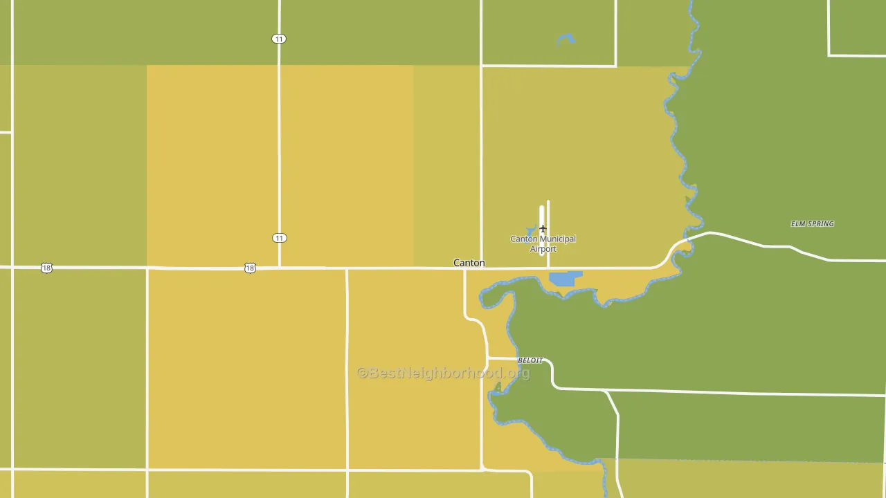 Map of the best neighborhoods in the Canton area, with better matches in green and worse matches in red