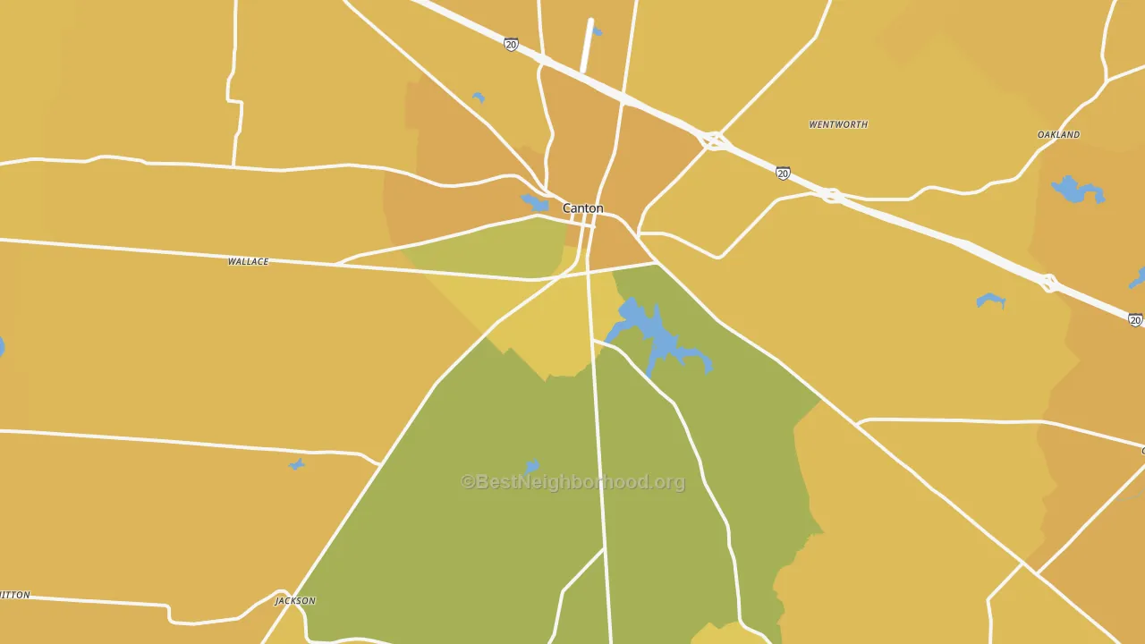 Map of the best neighborhoods in the Canton area, with better matches in green and worse matches in red