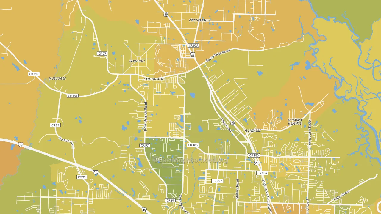 Map of the best neighborhoods in the Cantonment area, with better matches in green and worse matches in red