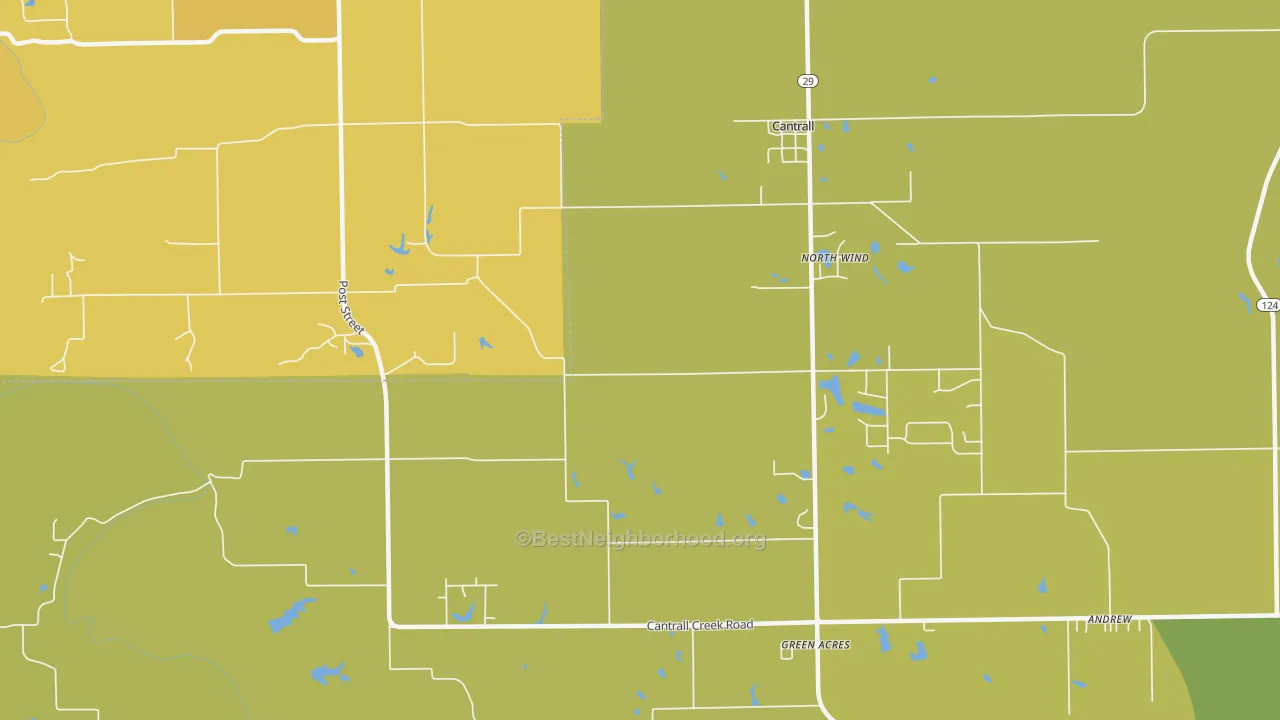 Map of the best neighborhoods in the Cantrall area, with better matches in green and worse matches in red