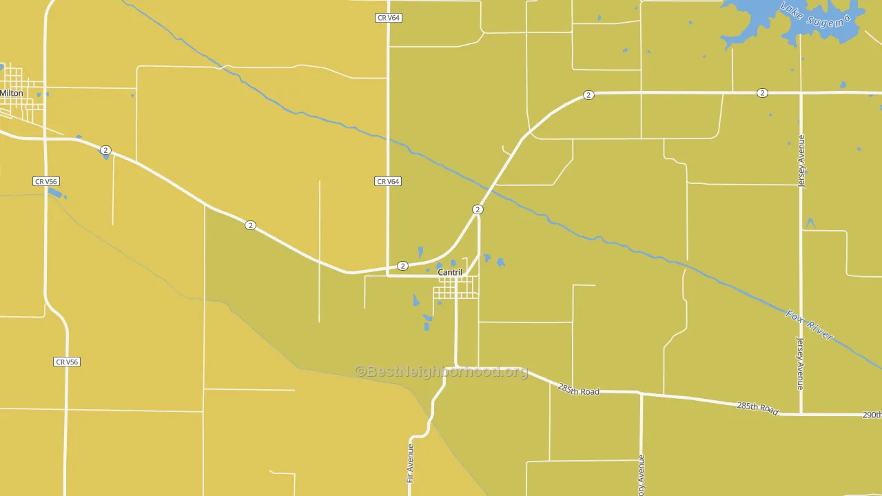 Map of the best neighborhoods in the Cantril area, with better matches in green and worse matches in red