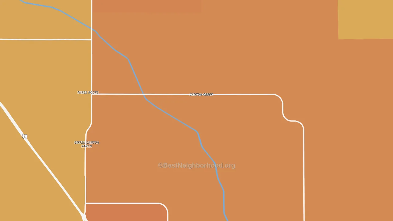 Map of the best neighborhoods in the Cantua Creek area, with better matches in green and worse matches in red