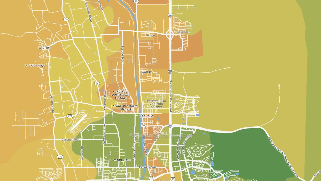 Map of the best neighborhoods in the Canutillo area, with better matches in green and worse matches in red