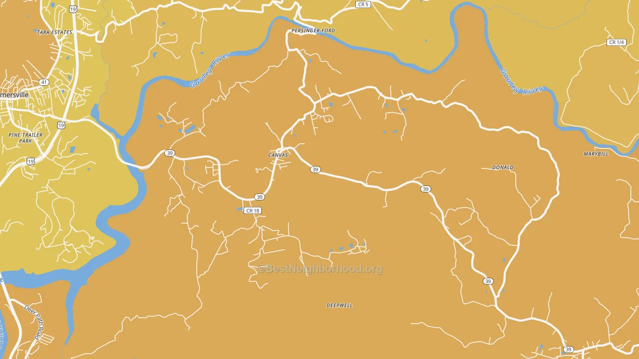 Map of the best neighborhoods in the Canvas area, with better matches in green and worse matches in red