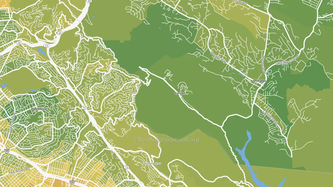 Map of the best neighborhoods in the Canyon area, with better matches in green and worse matches in red