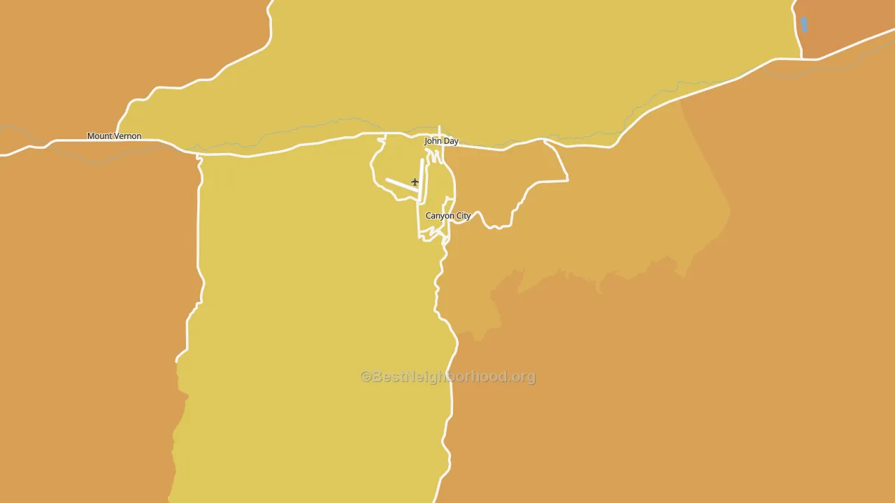 Map of the best neighborhoods in the Canyon City area, with better matches in green and worse matches in red
