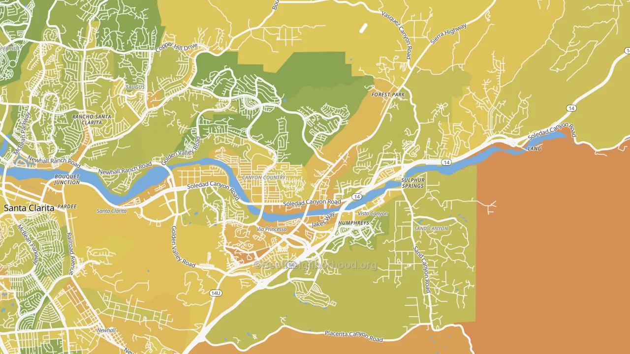 Map of the best neighborhoods in the Canyon Country area, with better matches in green and worse matches in red
