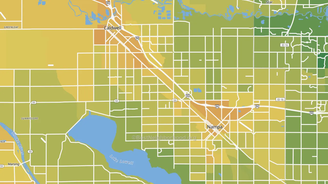 Map of the best neighborhoods in the Canyon County area, with better matches in green and worse matches in red