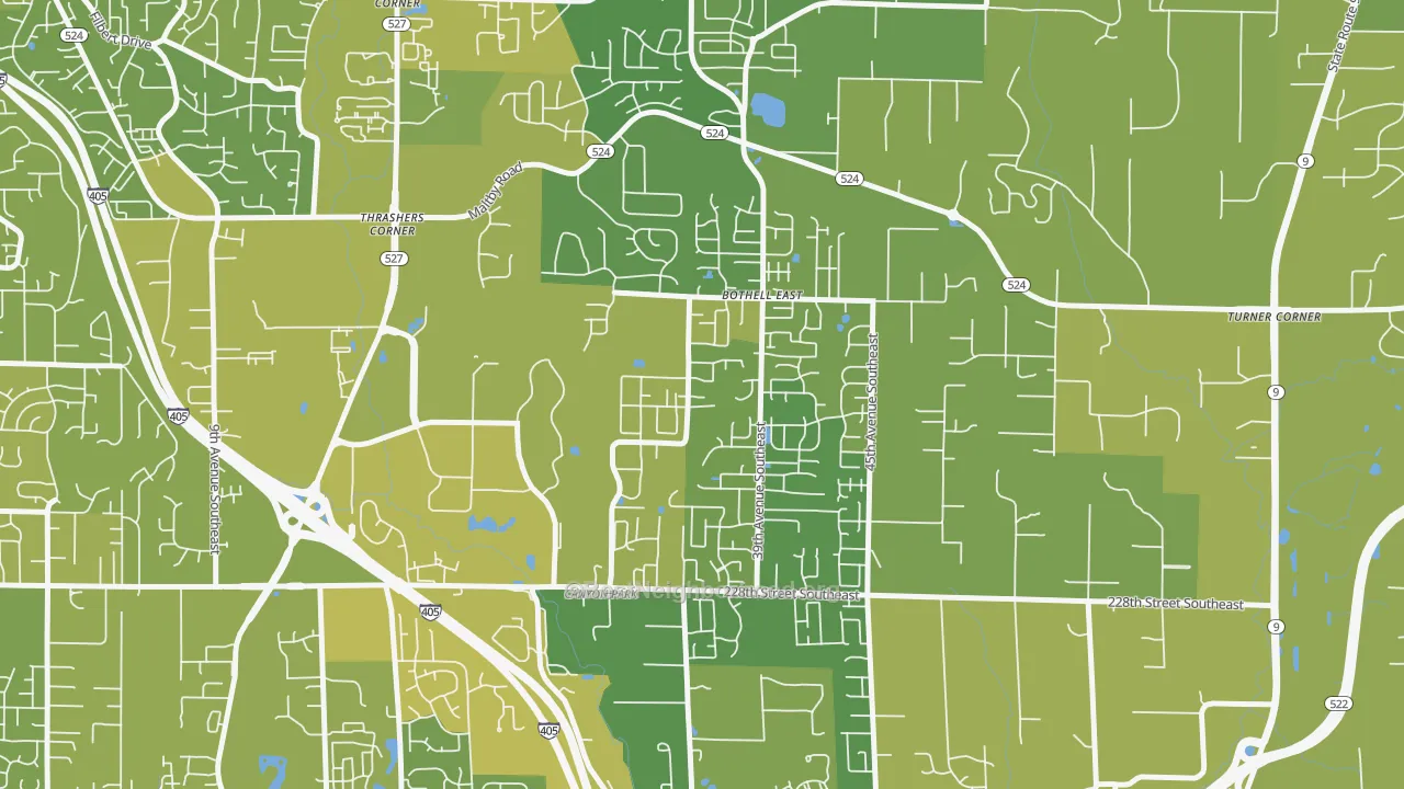 Map of the best neighborhoods in the Canyon Creek-39th SE, Bothell area, with better matches in green and worse matches in red