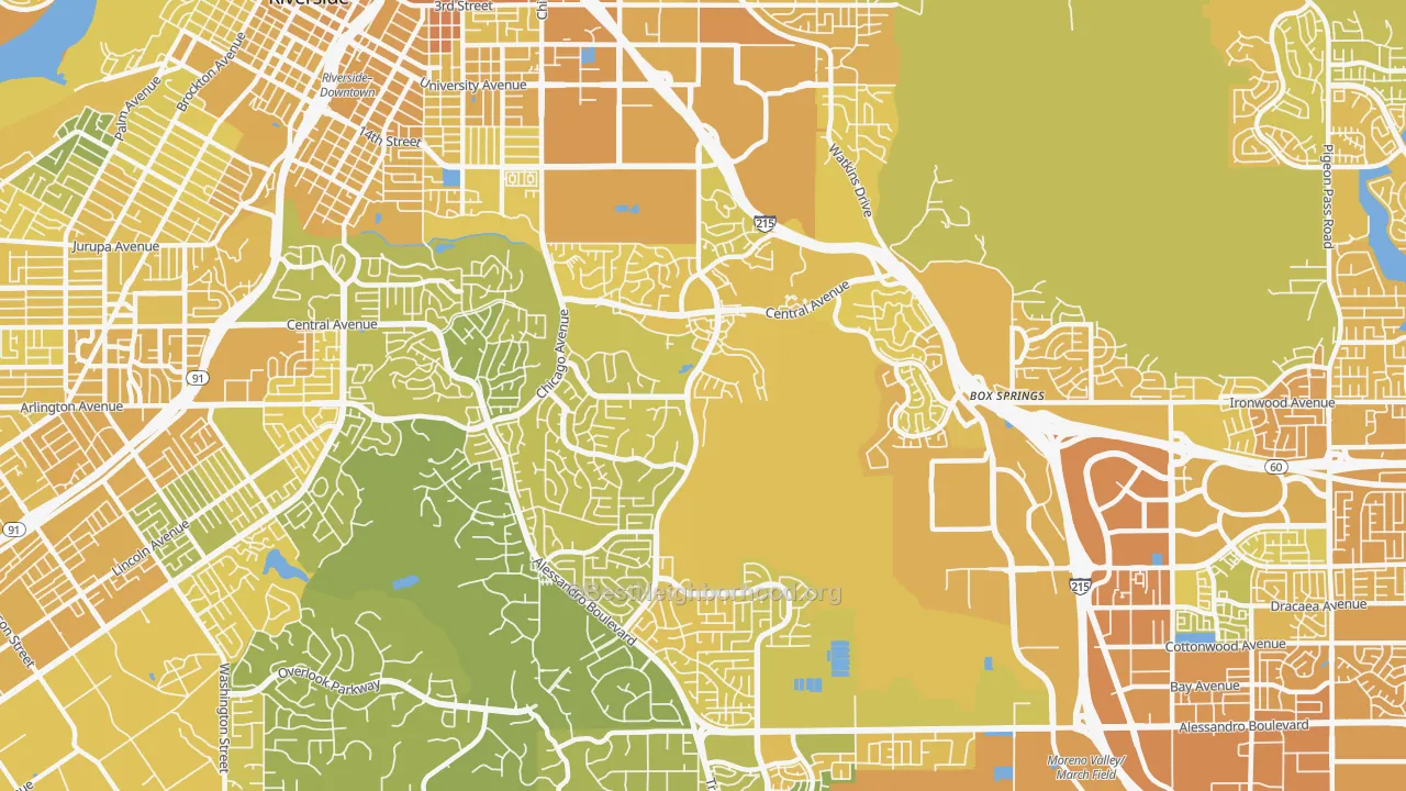 Map of the best neighborhoods in the Canyon Crest, Riverside area, with better matches in green and worse matches in red