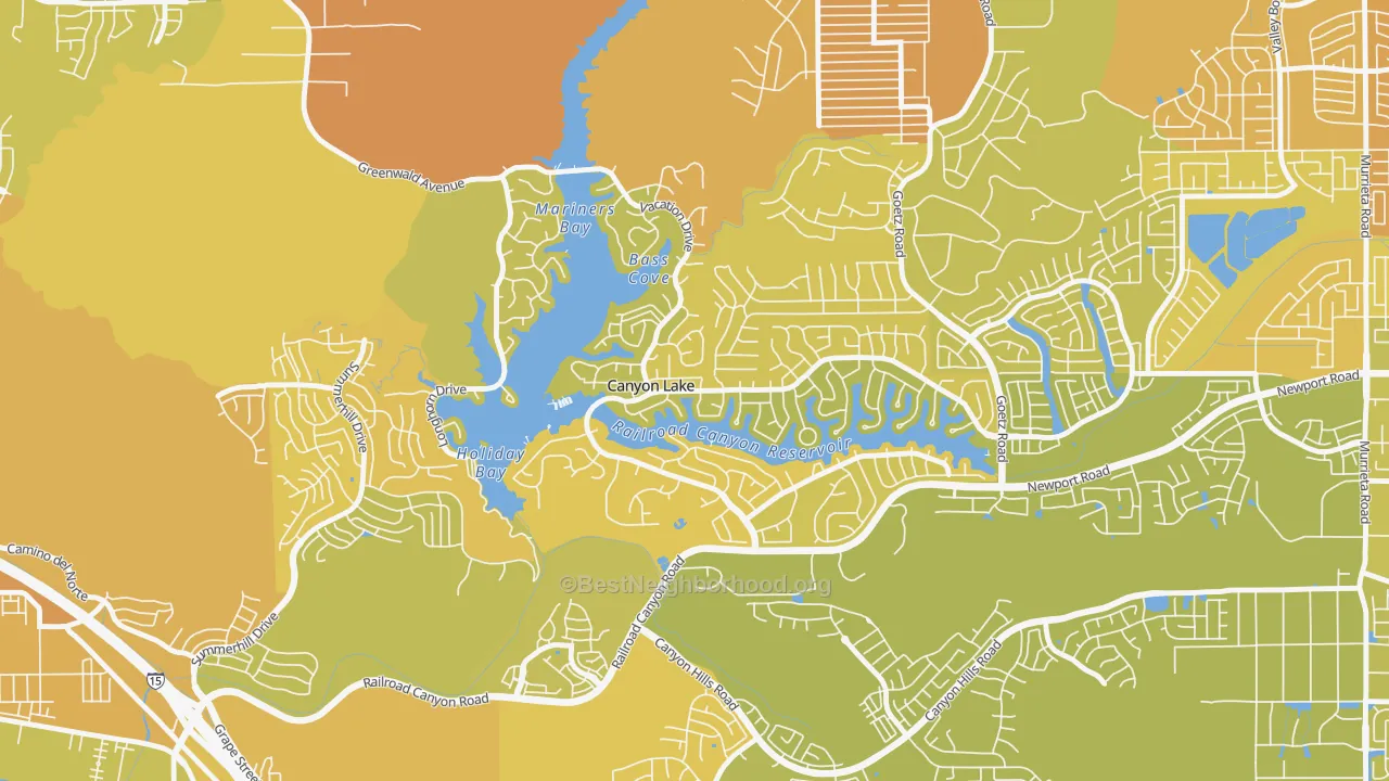 Map of the best neighborhoods in the Canyon Lake area, with better matches in green and worse matches in red