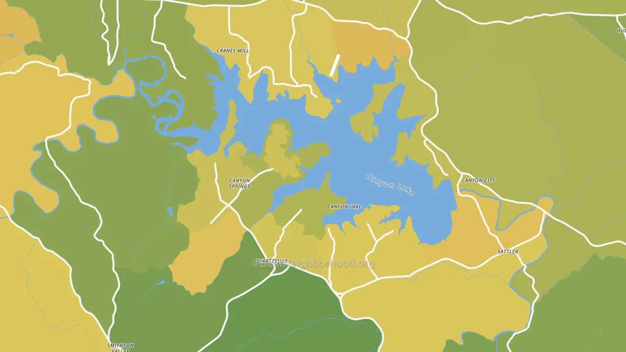 Map of the best neighborhoods in the Canyon Lake area, with better matches in green and worse matches in red