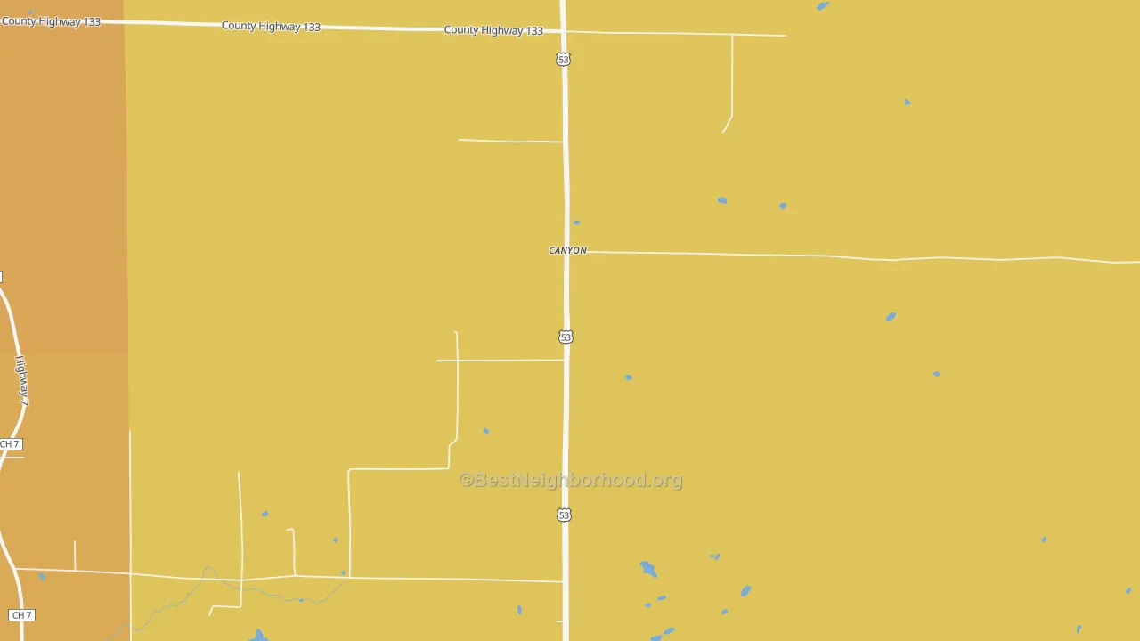Map of the best neighborhoods in the Canyon area, with better matches in green and worse matches in red