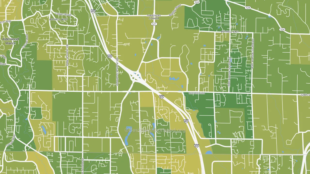 Map of the best neighborhoods in the Canyon Park, Bothell area, with better matches in green and worse matches in red