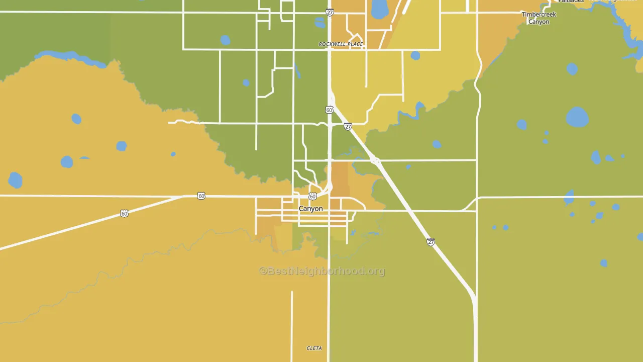 Map of the best neighborhoods in the Canyon area, with better matches in green and worse matches in red