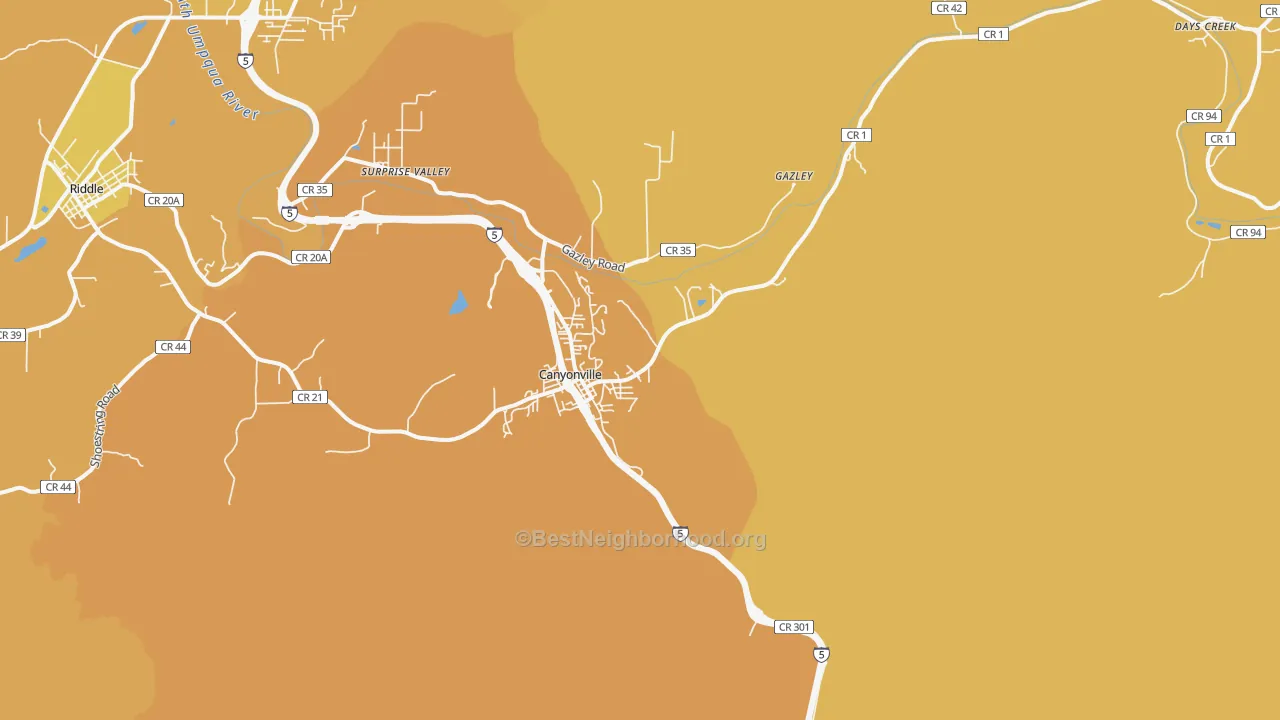 Map of the best neighborhoods in the Canyonville area, with better matches in green and worse matches in red