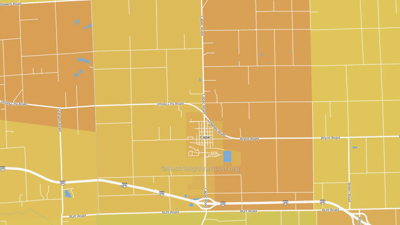 Map of the best neighborhoods in the Capac area, with better matches in green and worse matches in red