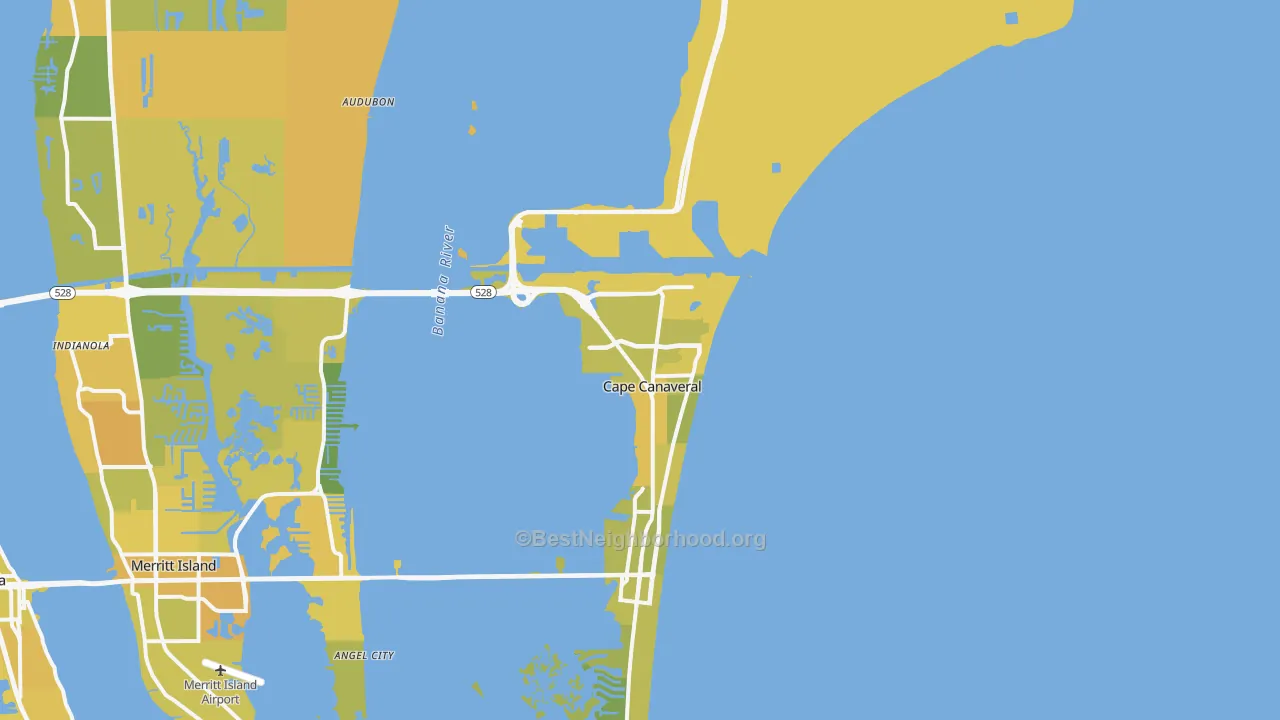 Map of the best neighborhoods in the Cape Canaveral area, with better matches in green and worse matches in red