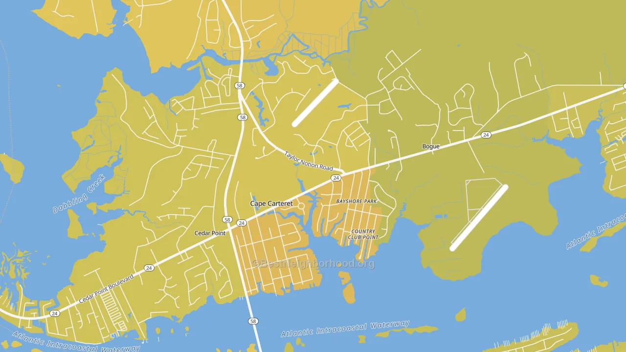 Map of the best neighborhoods in the Cape Carteret area, with better matches in green and worse matches in red