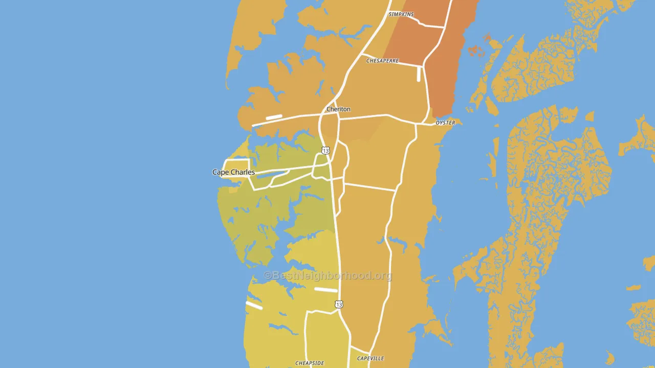 Map of the best neighborhoods in the Cape Charles area, with better matches in green and worse matches in red
