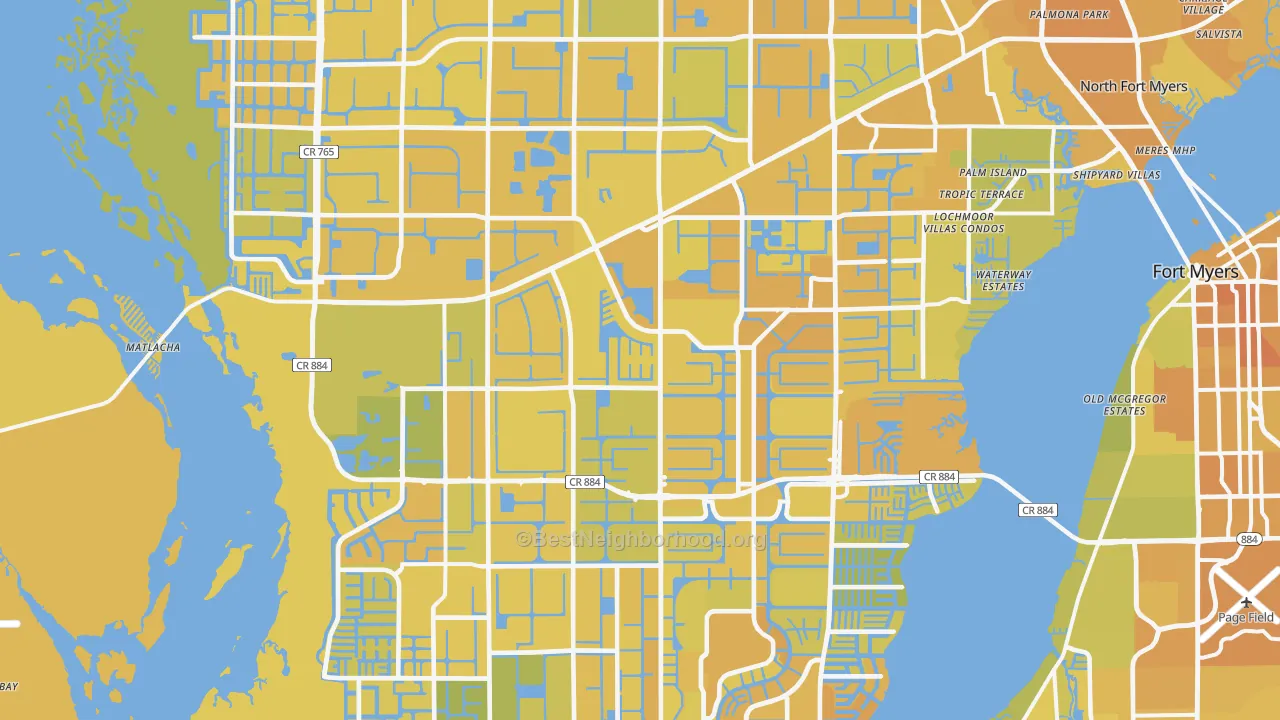 Map of the best neighborhoods in the Cape Coral area, with better matches in green and worse matches in red