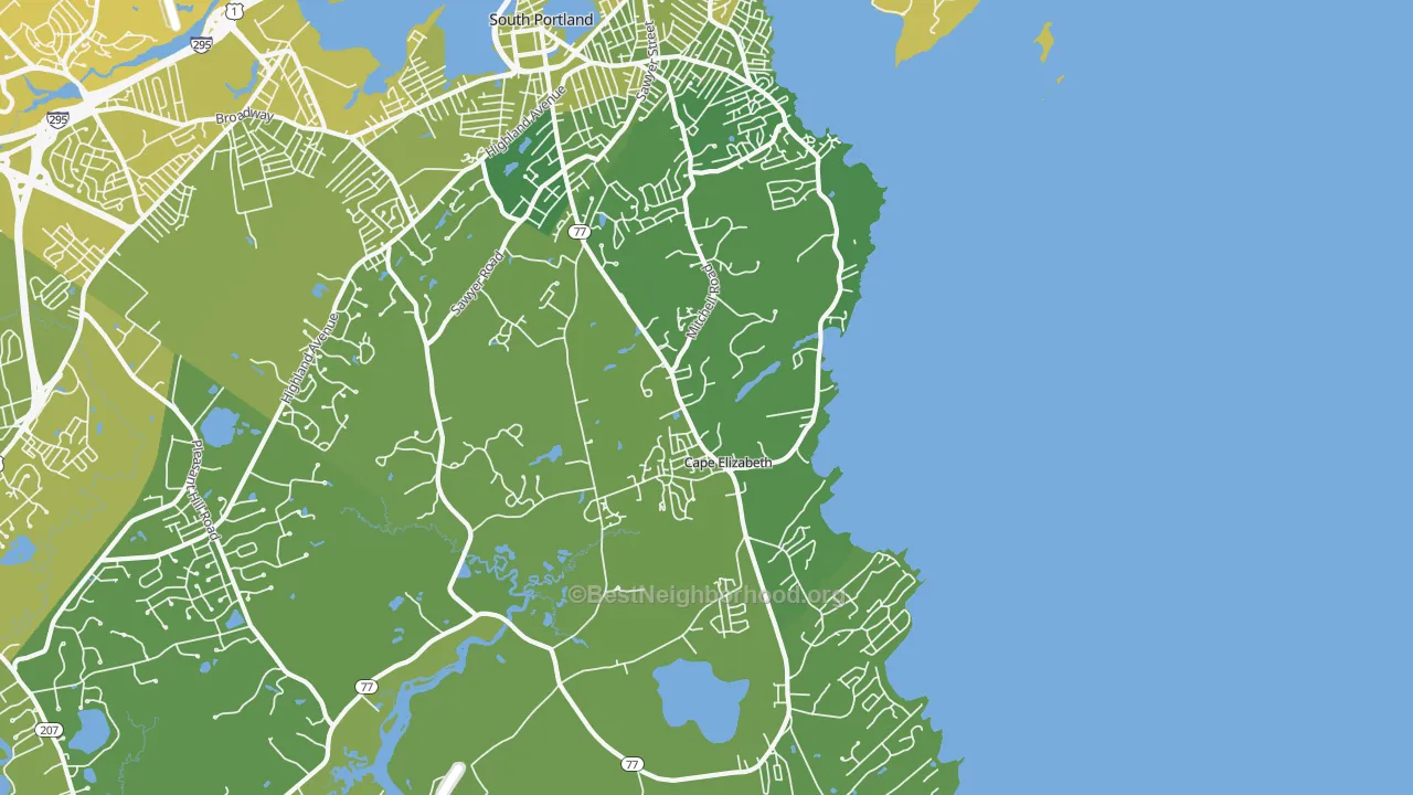 Map of the best neighborhoods in the Cape Elizabeth area, with better matches in green and worse matches in red