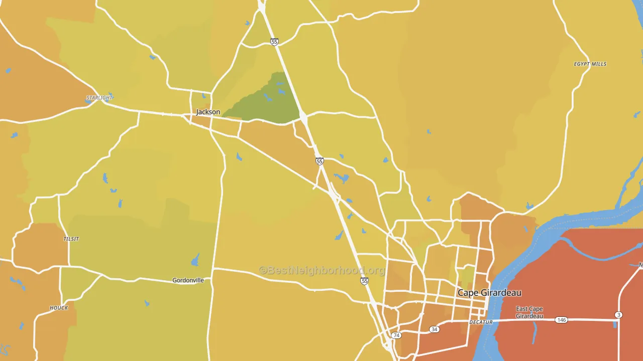 Map of the best neighborhoods in the Cape Girardeau County area, with better matches in green and worse matches in red