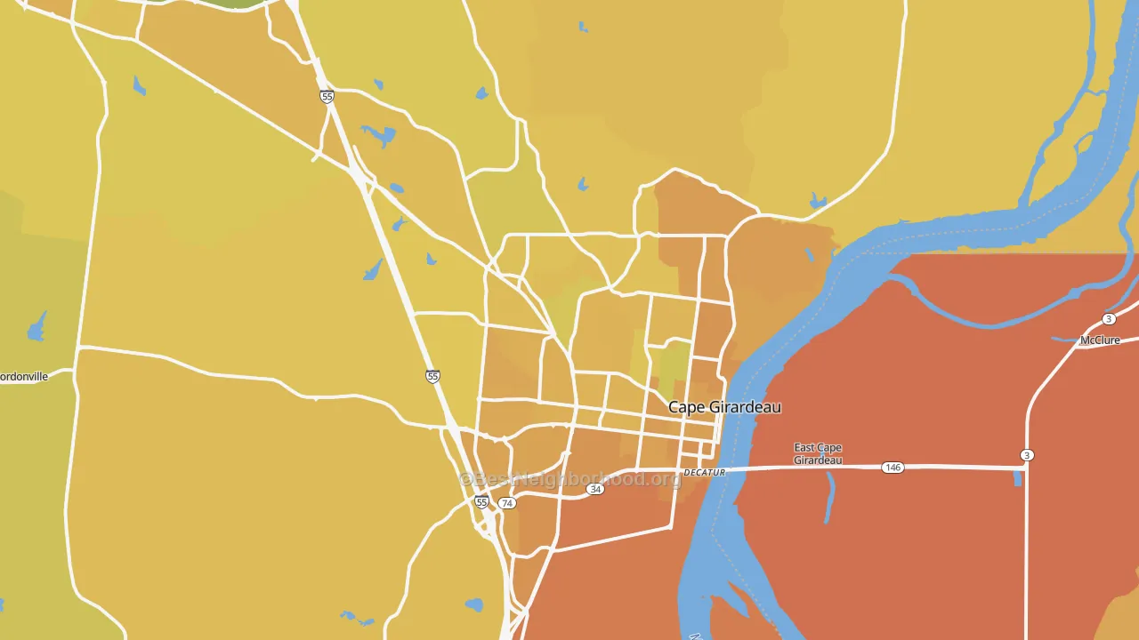 Map of the best neighborhoods in the Cape Girardeau Metro area, with better matches in green and worse matches in red