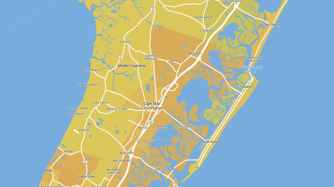 Map of the best neighborhoods in the Cape May County area, with better matches in green and worse matches in red