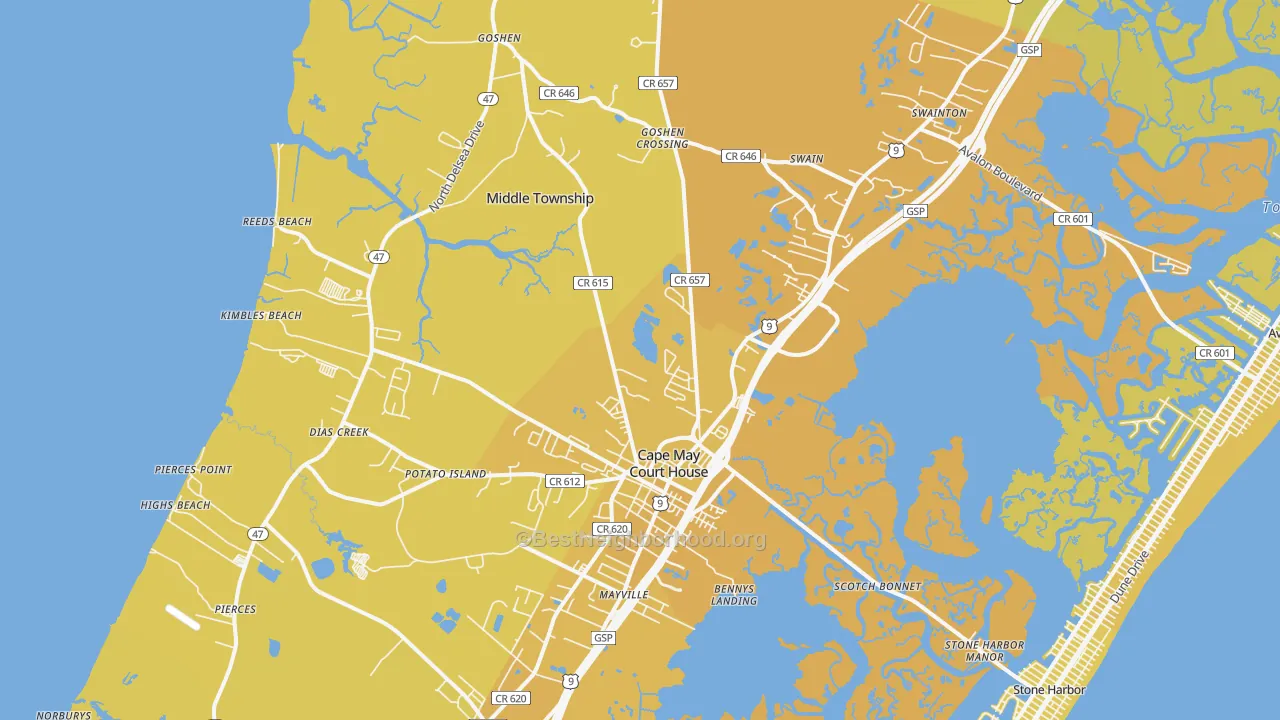 Map of the best neighborhoods in the Cape May Court House area, with better matches in green and worse matches in red