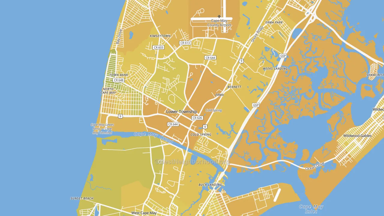 Map of the best neighborhoods in the Cape May area, with better matches in green and worse matches in red