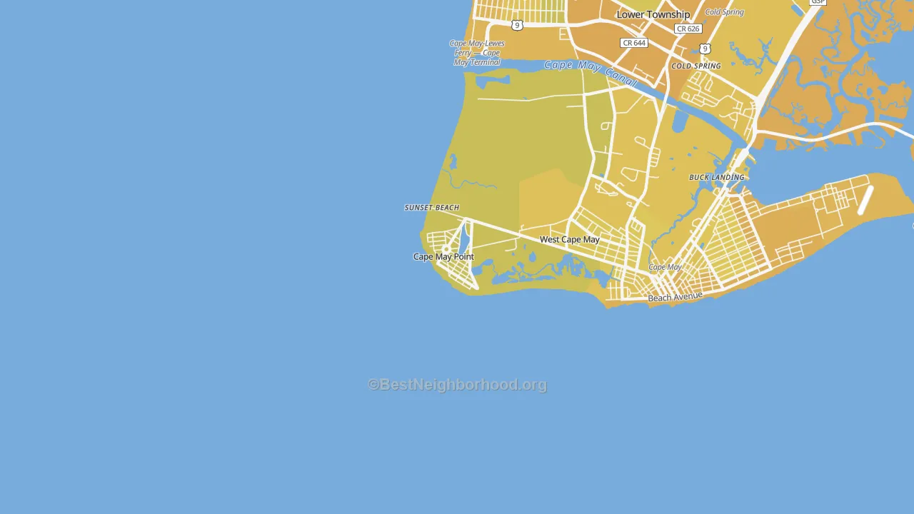 Map of the best neighborhoods in the Cape May Point area, with better matches in green and worse matches in red