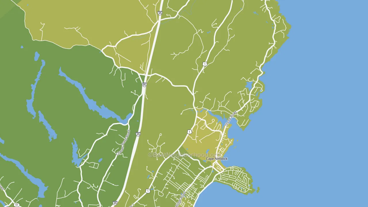 Map of the best neighborhoods in the Cape Neddick area, with better matches in green and worse matches in red