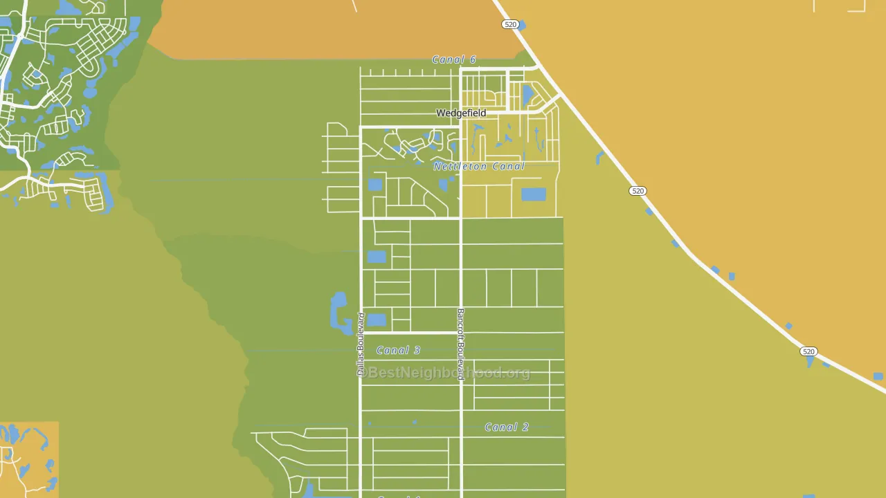 Map of the best neighborhoods in the Cape Orl Estates, Wedgefield area, with better matches in green and worse matches in red