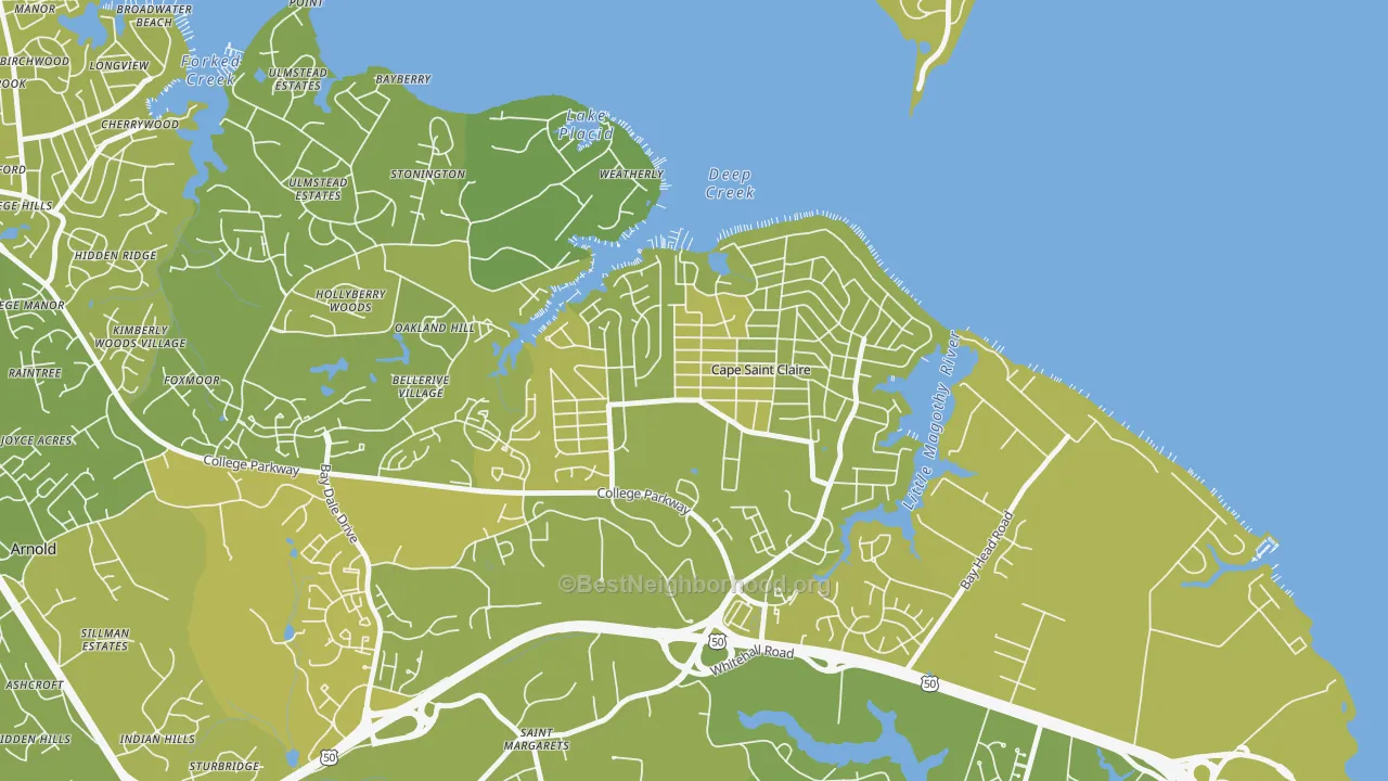 Map of the best neighborhoods in the Cape St. Claire area, with better matches in green and worse matches in red