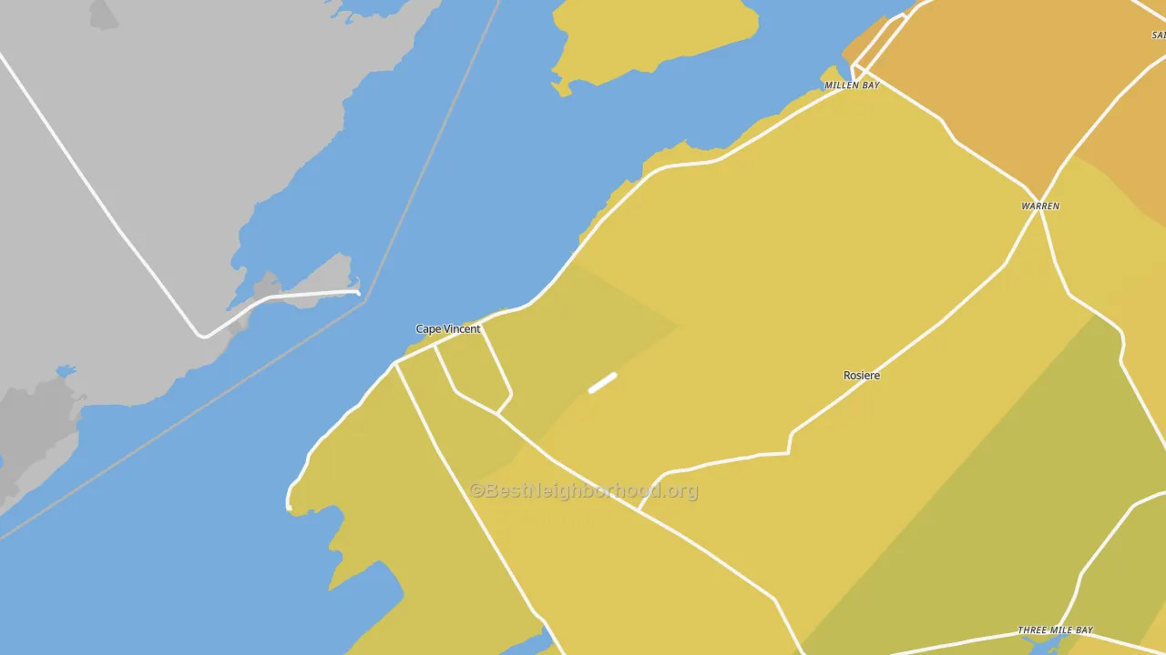 Map of the best neighborhoods in the Cape Vincent area, with better matches in green and worse matches in red