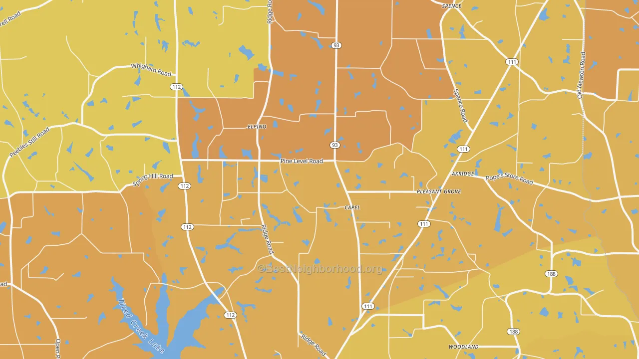Map of the best neighborhoods in the Capel area, with better matches in green and worse matches in red