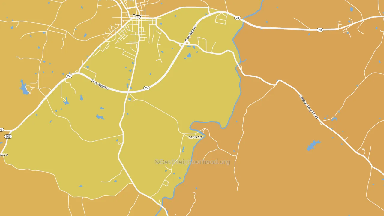 Map of the best neighborhoods in the Capelsie area, with better matches in green and worse matches in red