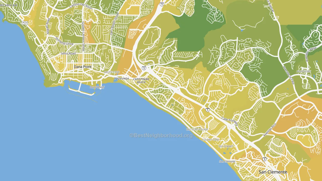 Map of the best neighborhoods in the Capistrano Beach area, with better matches in green and worse matches in red