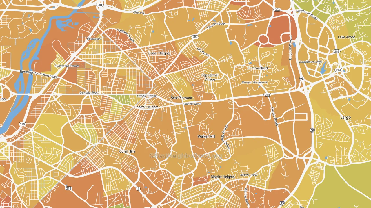 Map of the best neighborhoods in the Capitol Heights area, with better matches in green and worse matches in red